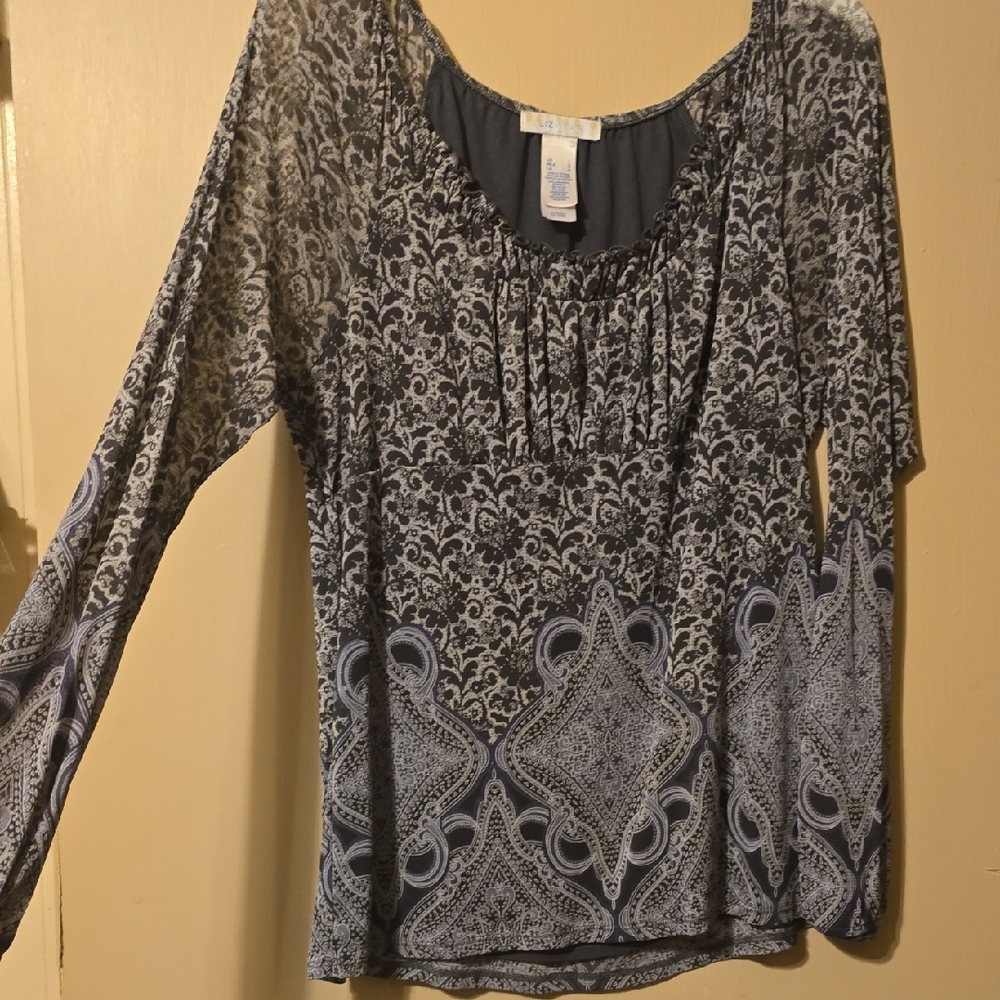 Liz Claiborne Black Blue and Gray Patterned Blouse